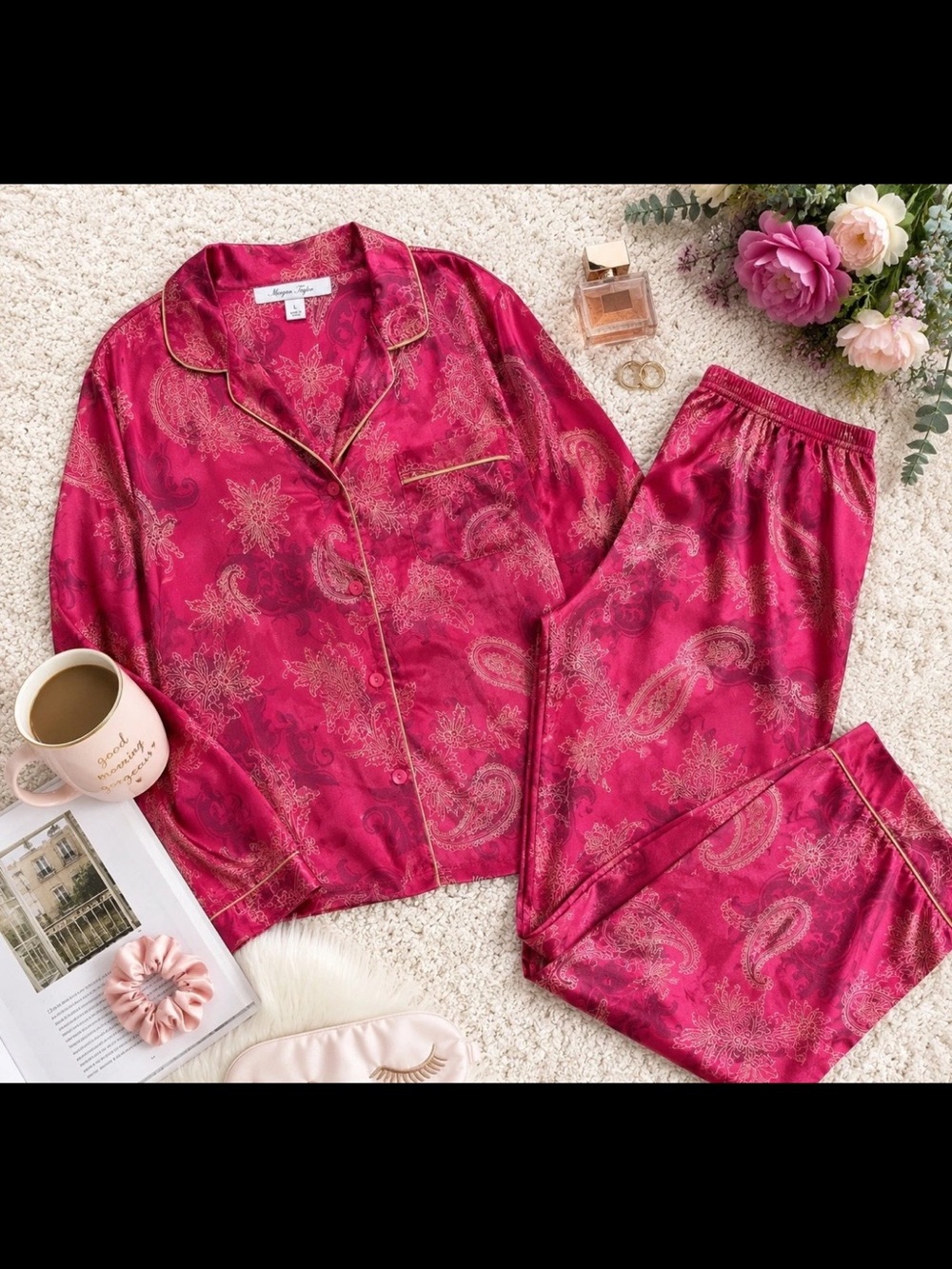 Morgan Taylor Intimates RED & GOLD PAISLEY  Pajama Set LARGE LUXURIOUS unisex